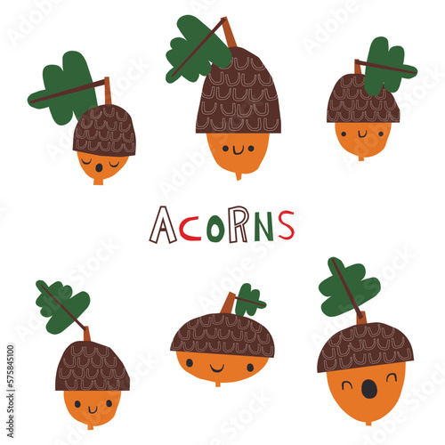isolated vector image of acorns in cartoon style. children's illustration of different acorns for print,clothing,textile,fabric,print