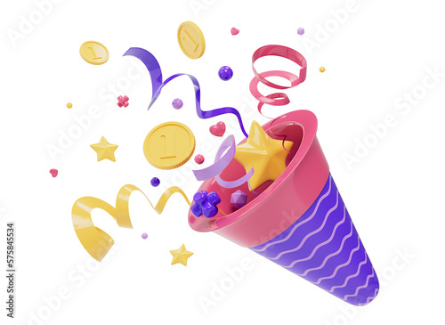 3D party popper with explosion confetti, coins, shapes. Colorful confetti explosion. Celebration firecracker. Floating elements. Cartoon style design 3D icon isolated on a white background. 3D render. (ID: 575845534)