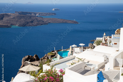 Domes  steeples  bells and white buildings of Santorini  Greece 