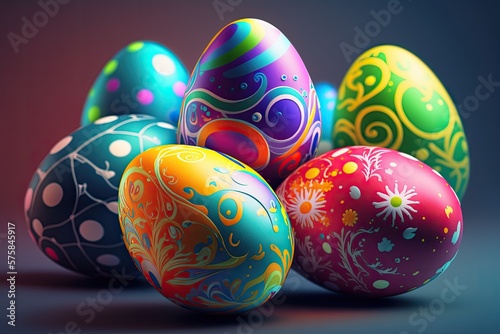 Colorful hand painted Easter eggs. Generative AI.