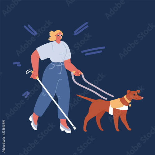 Cartoon vector illustration of Blind girl walking with a guide dog.