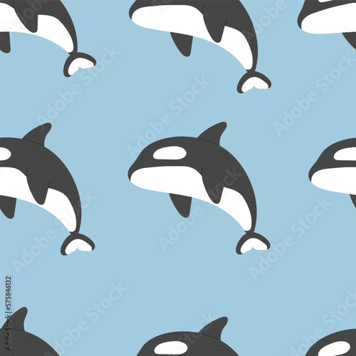 Seamless pattern with cartoon killer whale, decor elements. Colorful vector for kids, flat style. Hand drawing, animals. sea life. Baby design for fabric, textile, print, wrapper