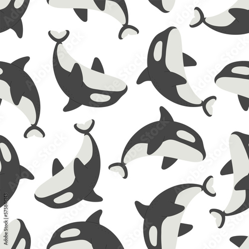 Seamless pattern with cartoon killer whale, decor elements. Colorful vector for kids, flat style. Hand drawing, animals. sea life. Baby design for fabric, textile, print, wrapper