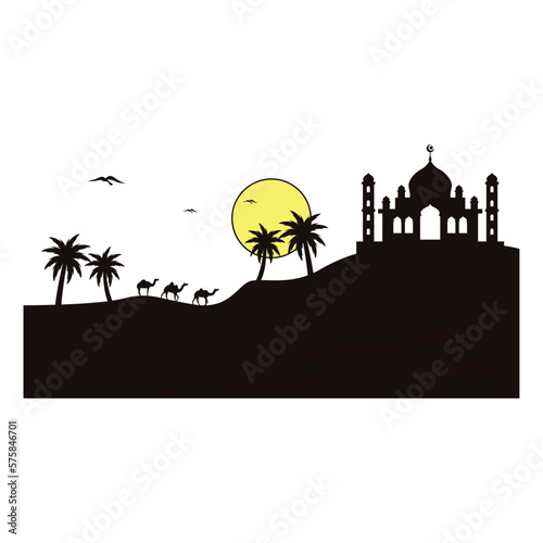 vector illustration of camel and mosque silhouette design. arabic atmosphere.