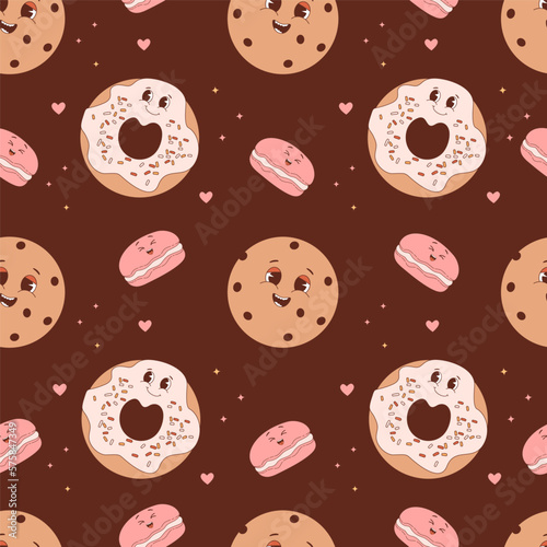 Seamless pattern with cute pastry. Cartoon sweet characters on brown background. Vector Illustration for wallpaper, design, textile, packaging, decor, kids collection.