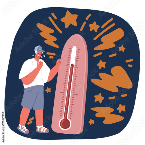Cartoon vector illustration of man holding thermometer. Hot weather