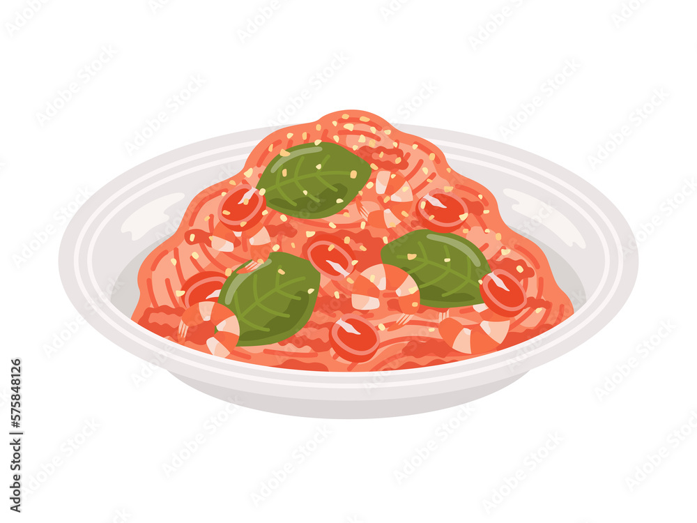 皿に盛り付けられた、トマトソースパスタのイラスト 皿に盛り付けられた、トマトソースパスタのイラスト