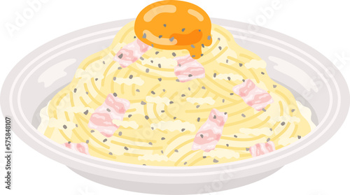 皿に盛り付けられた、カルボナーラパスタのイラスト