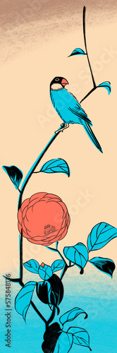 Bird sitting on the tree. Flower. Flora and fauna aesthetic. Hand drawn digital illustration. Art for wall, digital screens, interior decoration. Chinese style. Print in hight quality. 
