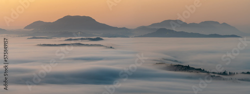 Mists and clouds strewn over the island of Corfu