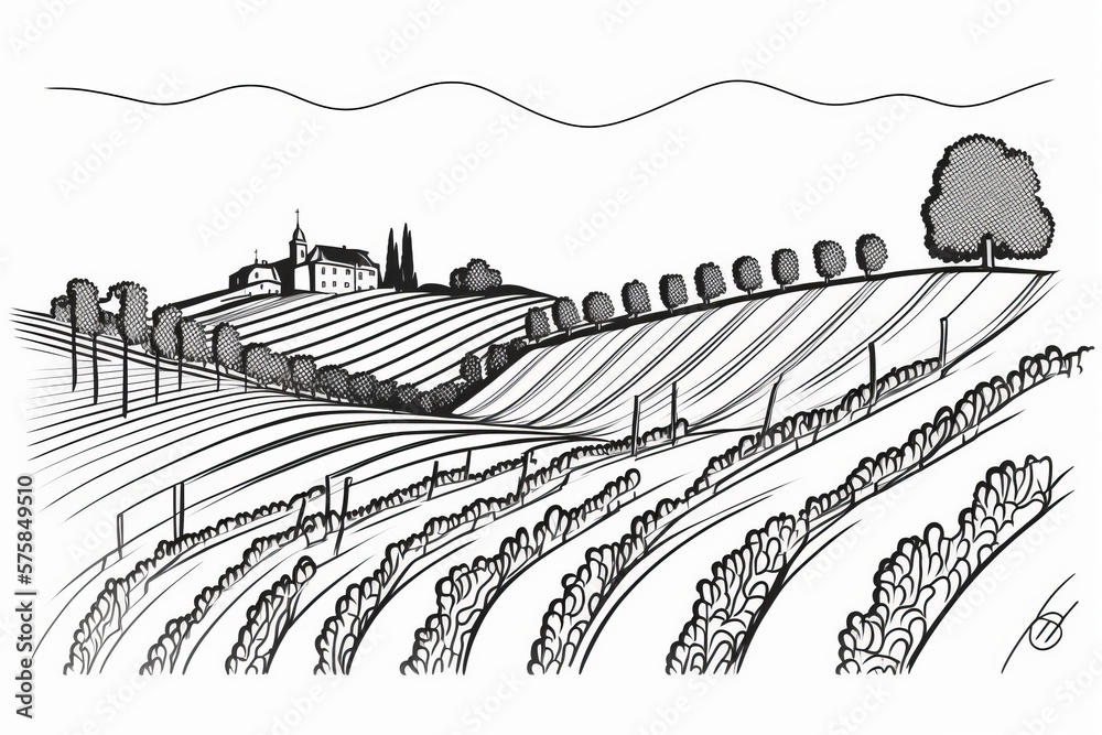 Vineyard with rows of grape vines and house. simple line drawing illustration style. Generative ai