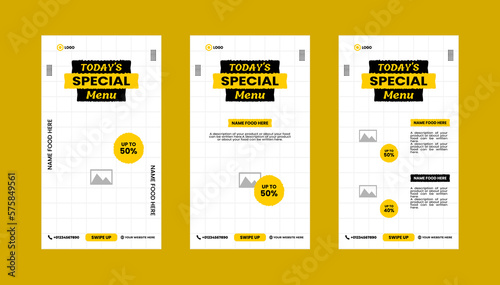 Simple food social media stories template with grid background. Food menu promotion banner design.