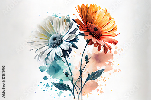 Abstract double exposure watercolor daisy flower. Digital illustration. Generative Ai