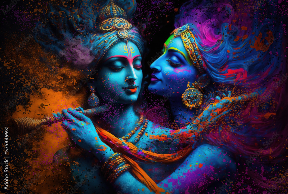 Hindu mythological couple Krishna and Radha in Holi festival concept. Generative AI