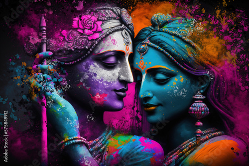 Hindu mythological couple Krishna and Radha in Holi festival concept. Generative AI