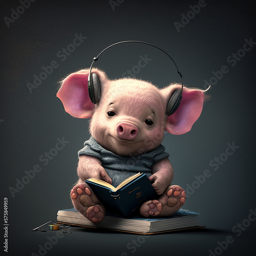  tiny young cute piglet, winnie the pooh style, big ears, sitting on a book, listening to an audiobook, wearing headphones  photo