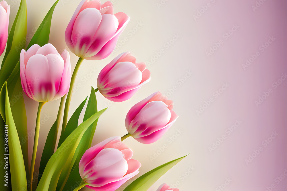 Close-up photo of fresh white tulips isolated on pink background. Copy space, horizontal orientation. Beautiful flowers. Generative Ai