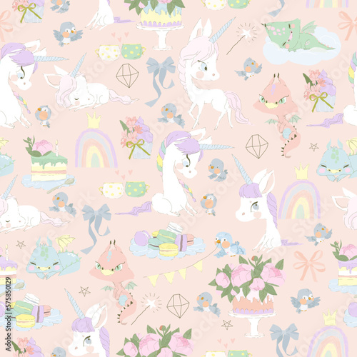 Seamless Pattern with Little Dragons, Magic Unicorns and Flowers on Pink Background
