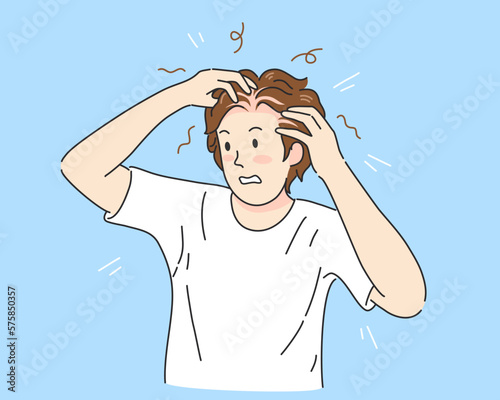 Man hand holding on head with serious hair loss and thin hair problem for health care shampoo and beauty product concept, vector illustration