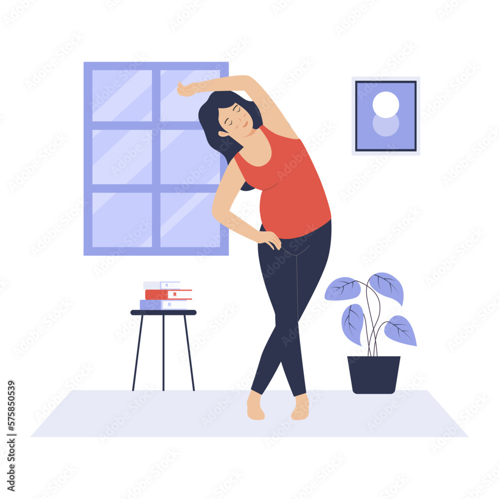 Flat design of pregnant woman practicing yoga at home. Illustration for websites, landing pages, mobile apps, posters and banners. Trendy flat vector illustration