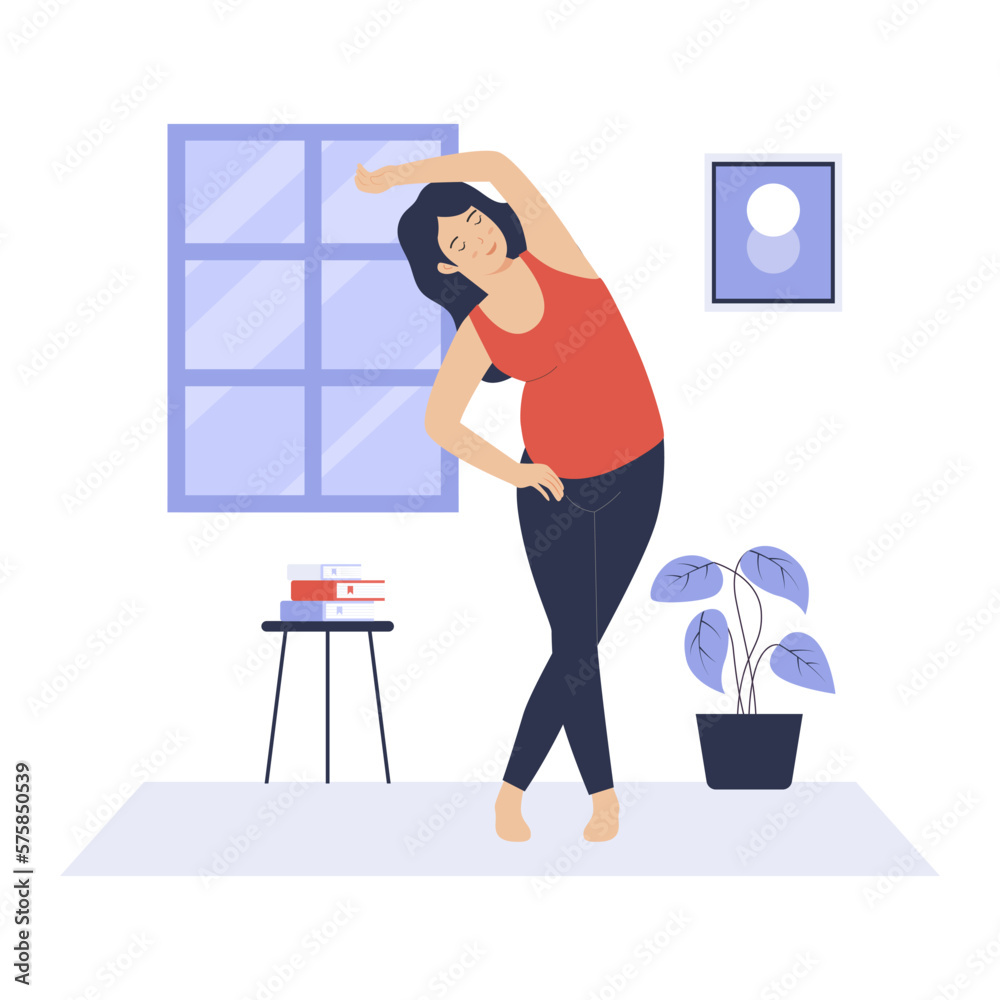 Fototapeta premium Flat design of pregnant woman practicing yoga at home. Illustration for websites, landing pages, mobile apps, posters and banners. Trendy flat vector illustration