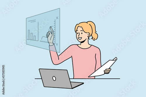 Smiling female employee sit at desk working on computer with financial graphs. Happy woman busy trading online on stock market. Vector illustration. 