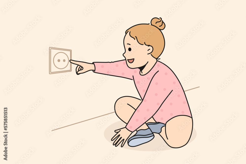 Happy cute girl child stretch finger to electrical socket at home. Smiling kid play with dangerous electricity outlet in apartment. Children and danger. Vector illustration. Happy cute girl child stretch finger to electrical socket at home. Smiling kid play with dangerous electricity outlet in apartment. Children and danger. Vector illustration.