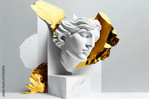 A sculpture of a woman's head is surrounded by gold leaves
