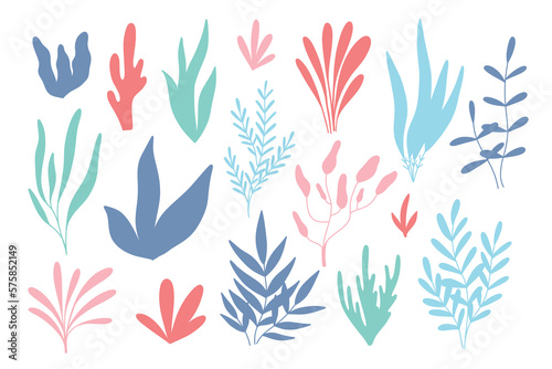 Algae set in silhouette style. Collection of colored underwater plants. Flat style. vector illustration.