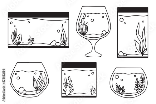 Set of Aquariums. Collection of Aquariums with algae in doodle style. Vector illustration. Empty isolated aquarium in line style.