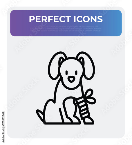 Dog in bandage with broken leg. Thin line icon. Veterinary clinic. Vector illustration.