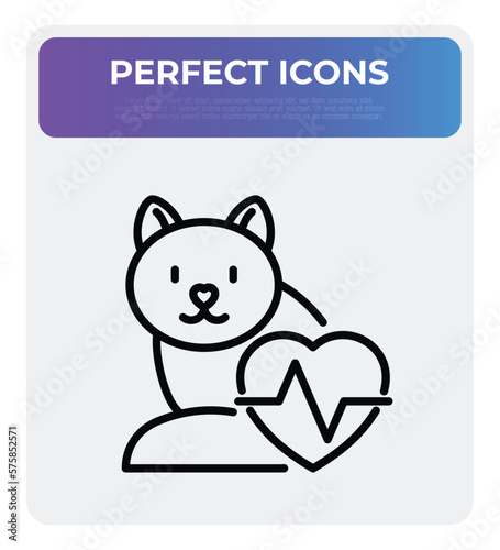 Cardiogram for pets. Cat with heartbeat. Thin line icon. Veterinary clinic. Vector illustration.