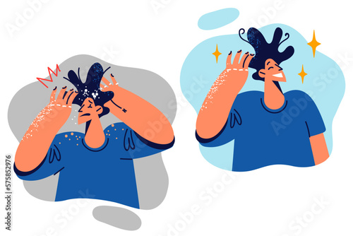Man suffering from dandruff in hair rejoices after using quality shampoo and getting cool hairstyle