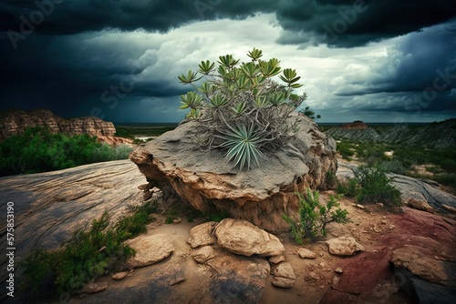 Tatacoa Desert, Colombia; hazy sky; exotic wild flora; rock. Generative AI photo