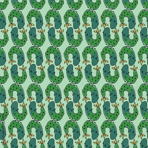 Curved cucumbers are placed hardly on a green background, seamless pattern for the design of vegetable products