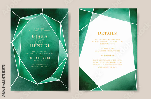 Elegant diamond emerald green watercolor on wedding invitation card template