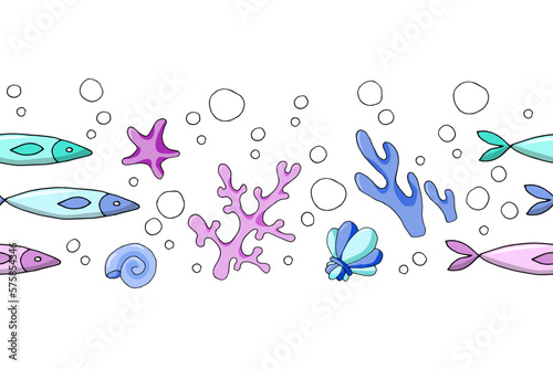Summer seamless border of ocean elements of fish  starfish  algae  air bubbles on a white background. Cartoon vector illustration for textile  print  decoration.