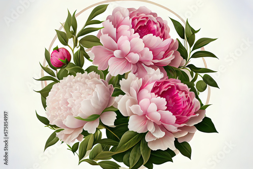 Fototapeta Naklejka Na Ścianę i Meble -  Circle from peonies in the white background, realistic. Generative Ai