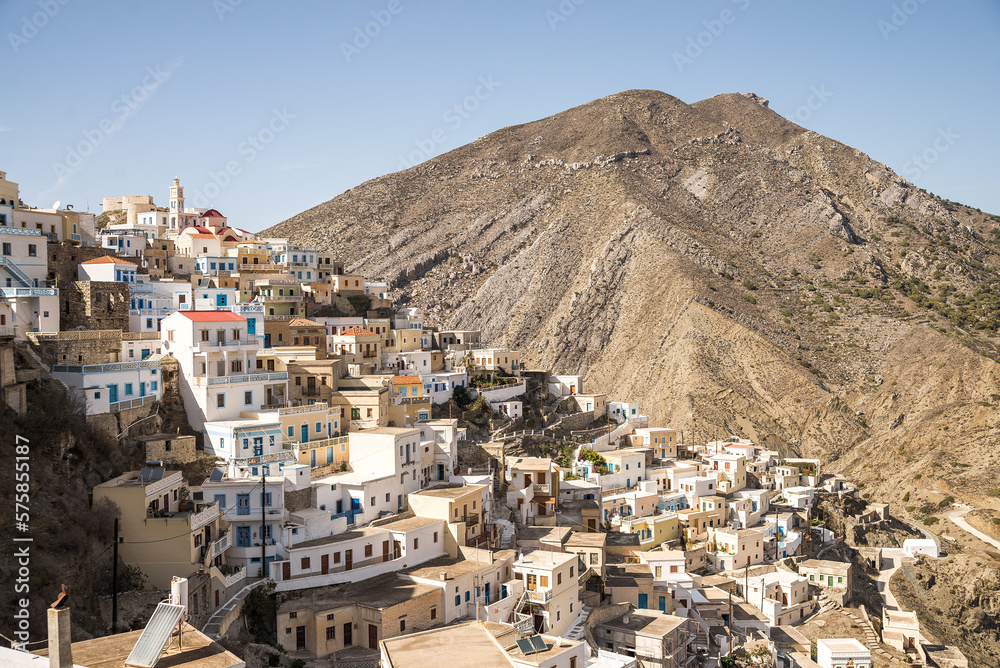 View into the greek village and big hill. View into the greek village and big hill.