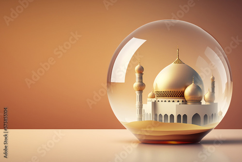 a glass ball with a miniature of mosque inside over the desert. generative ai