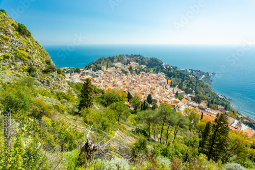 Taormina  Sicily. View of town  theater and Etna 