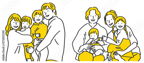 子育て中の2組のファミリーのイラストセット