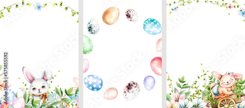 Watercolor set of frame designs with cute cartoon rabbits  spring flowers and greenery  Easter eggs. Hand drawn illustrations. Holiday template for cards  invitations  posters.