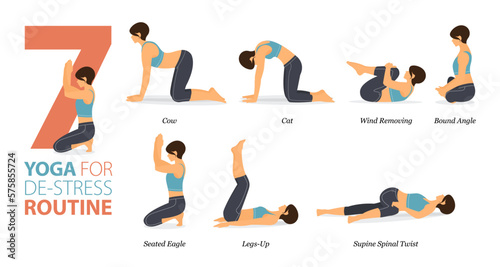 7 Yoga poses or asana posture for workout in de-stress routine concept. Women exercising for body stretching. Fitness infographic. Flat cartoon vector. photo