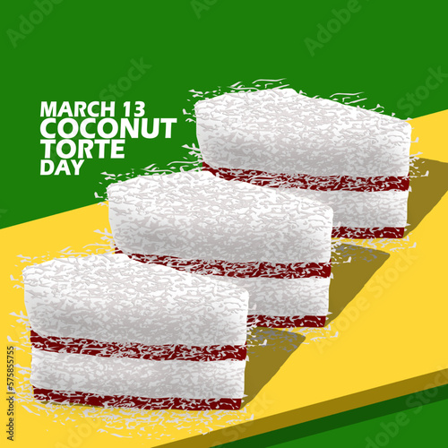 Three slices of cake topped with sliced ​​coconut on a wooden plate and bold text on dark green background to celebrate National Coconut Torte Day on March 13