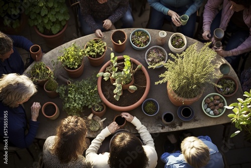 group of people gathered around a table outside surrounded by pots of herbs and seedlings, concept of Community Gathering and Urban Gardening, created with Generative AI technology