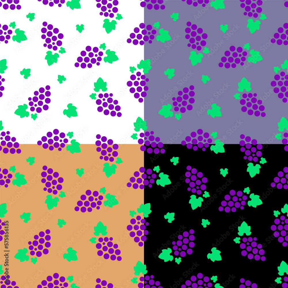 Set of seamless patterns with sketchy bunch of grapes and leaves. Ornament for decoration and printing on fabric. Design element. Vector Set of seamless patterns with sketchy bunch of grapes and leaves. Ornament for decoration and printing on fabric. Design element. Vector