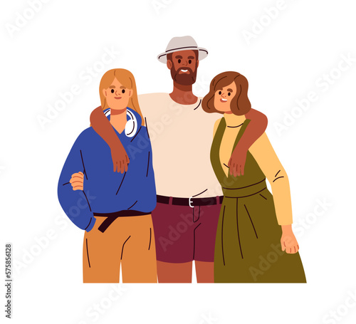 Happy people hugging together, family portrait. Smiling interracial friends standing, embracing. Bonding good relationship, support concept. Flat vector illustration isolated on white background