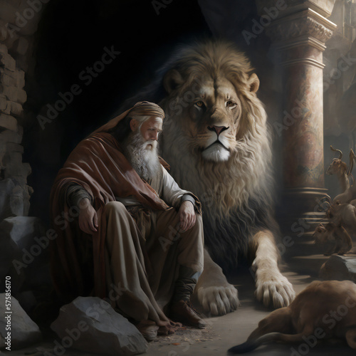 Photo Biblical Daniel prophet in lion's den, old testament illustration, Generative AI