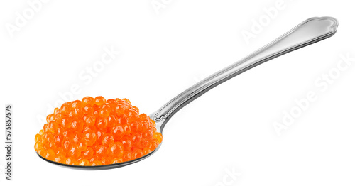 Red caviar in the silver spoon isolated. PNG transparency 